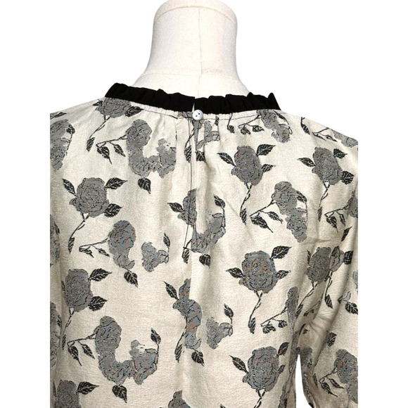 Voy NWT Black White Jacquard Rose Print Puff Sleeve Blouse Small Romantic - Picture 6 of 9